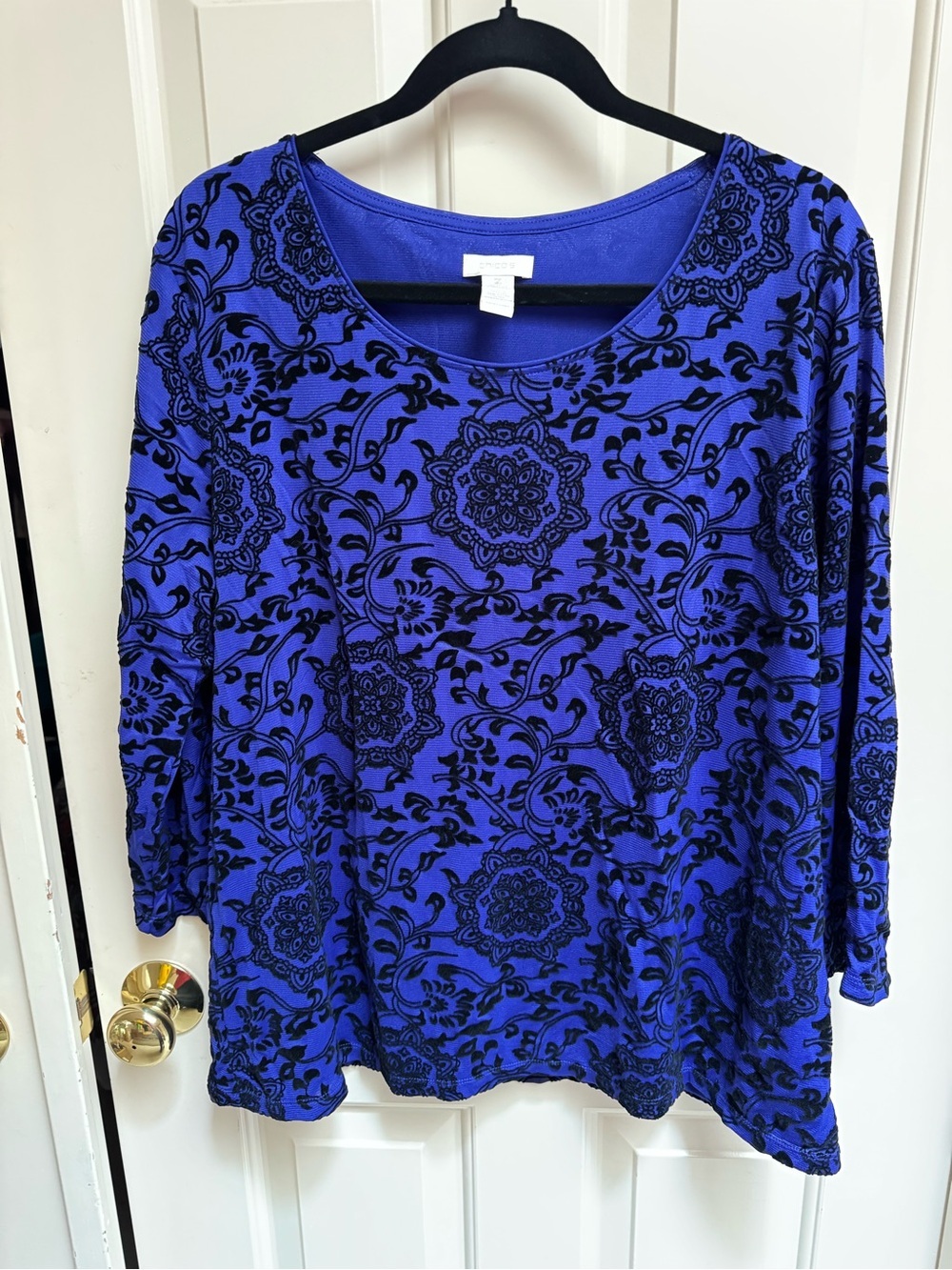 Chico's Purple and Black Top with Black Velvet Floral Print